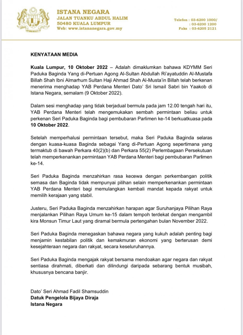 The palace’s statement released today highlights that the Yang di-Pertuan Agong wishes for the electoral mandate to be returned to the people so that a stable government can be chosen to govern the country. – Istana Negara Facebook pic, October 10, 2022