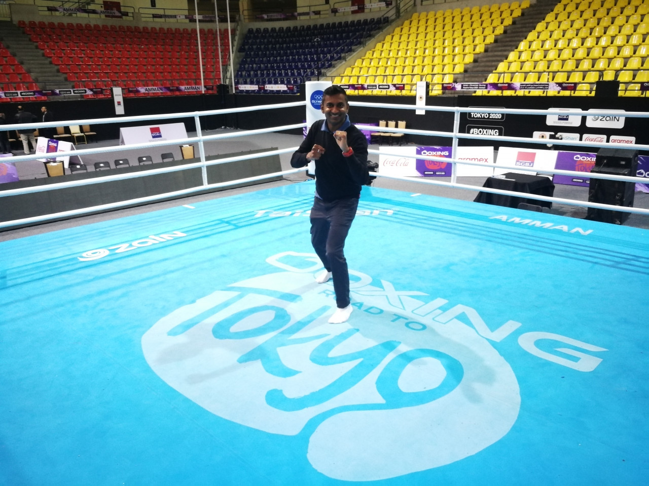 The writer strikes a pose during his coverage of The Boxing Road To Tokyo 2020 Asia Qualifiers