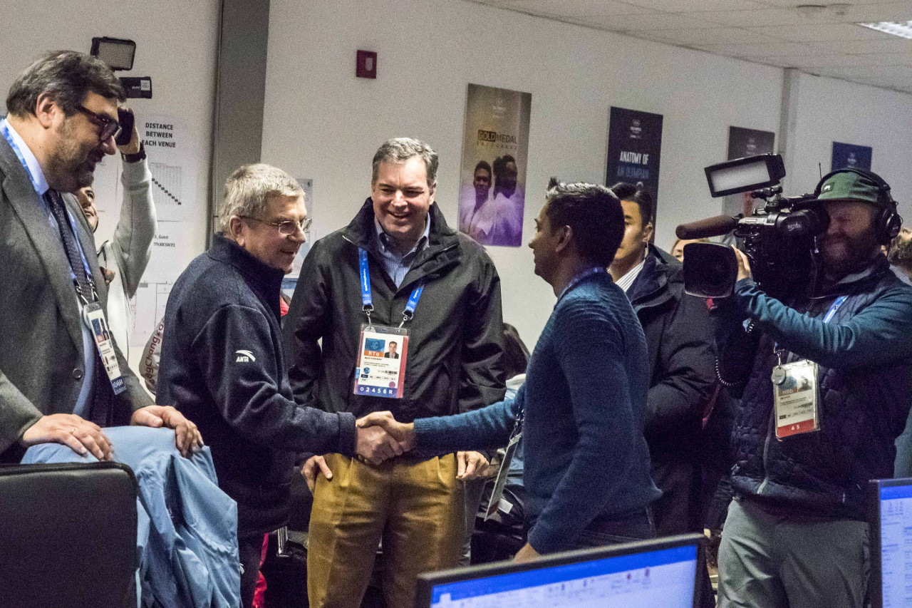 Sanjeev Palar shaking hands with IOC President Thomas Bach at PyeongChang. Pic courtesy of Sanjeev Palar