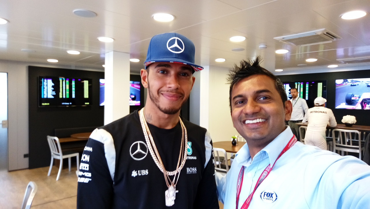 Sanjeev Palar with Formula1 world champion Lewis Hamilton. Pic courtesy of Sanjeev Palar