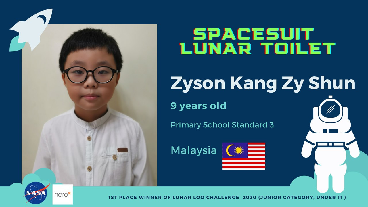 Zyson Kang Zy Shun won first place in the NASA Lunar Loo Challenge. - Pic courtesy of Chong Soo Sheong, November 5, 2020