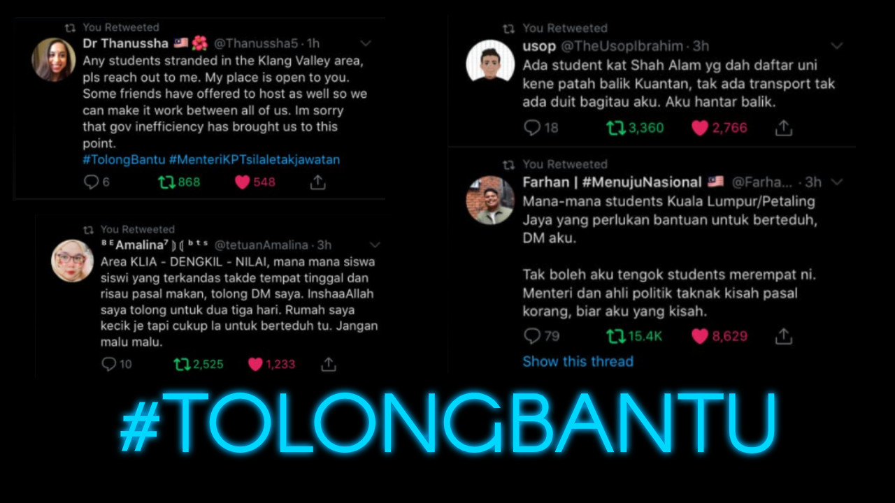 Screenshots of tweets by netizens using the #TolongBantu hashtag, offering help to stranded students on campus - The Vibes pic, October 3, 2020
