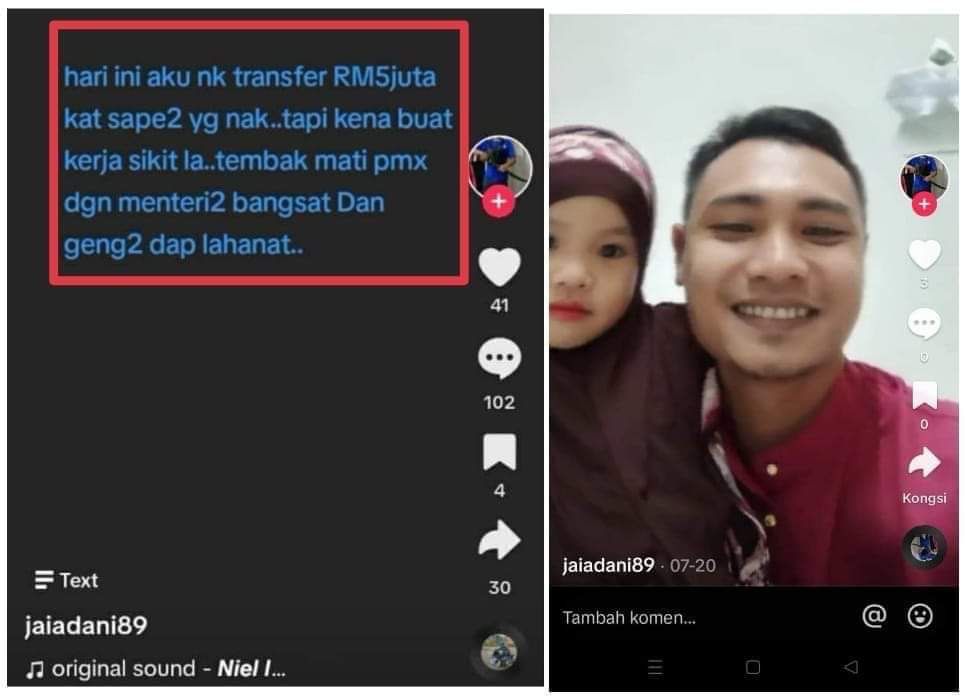 Police are investigating a TikTok user who offered RM5 million to anyone who shoots the prime minister, cabinet members or DAP members dead. – Screenshot, November 26, 2023.