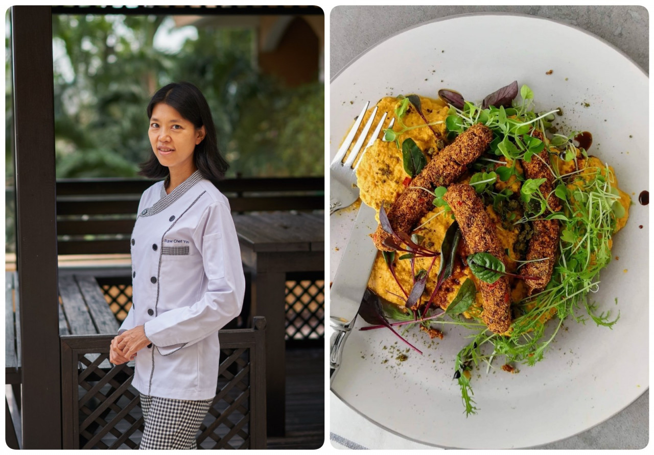 Chef Yin suffered from eczema at an early age and had been dealing with it for over 30 years before she turned vegan. (Right) Raw vegan bangers & mash made with orange sweet potato and cashews. – Pic courtesy of Yin Yin Boey.