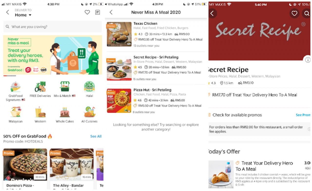 Customers can show their appreciation to their delivery person by buying a meal for him or her via the GrabFood app from partners Pizza Hut, Secret Recipe and Texas Chicken. – Grab pic