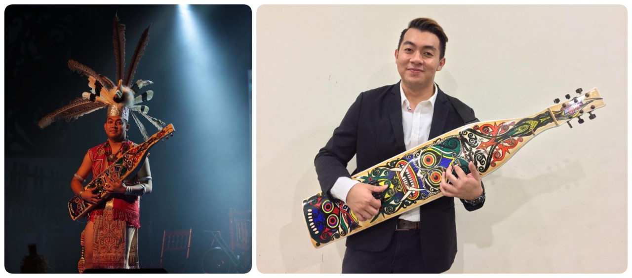 Justine in full Iban regalia during the World Harvest Festival in 2019 Sape Competition hosted by the Sarawak Cultural Village in 2019. (Right) Justine performing for the 2018 Unimas Convocation. He played the sape to accompany the opening ceremony of the convo for all three days of the event. – Pic courtesy of Justine Jarop 