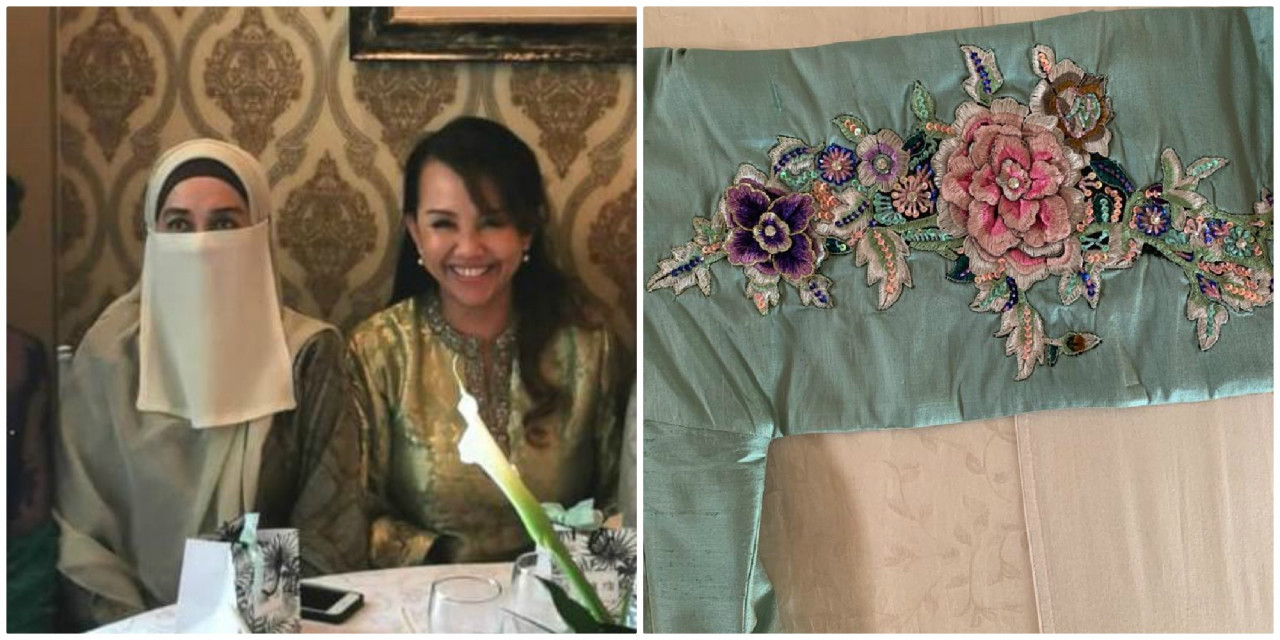 The designer (left) with one of her most loyal clients, Hajar Roslin. (Right) Kirana's sculpted baju kurung design using local motifs. – Pix courtesy of Hajar Roslin