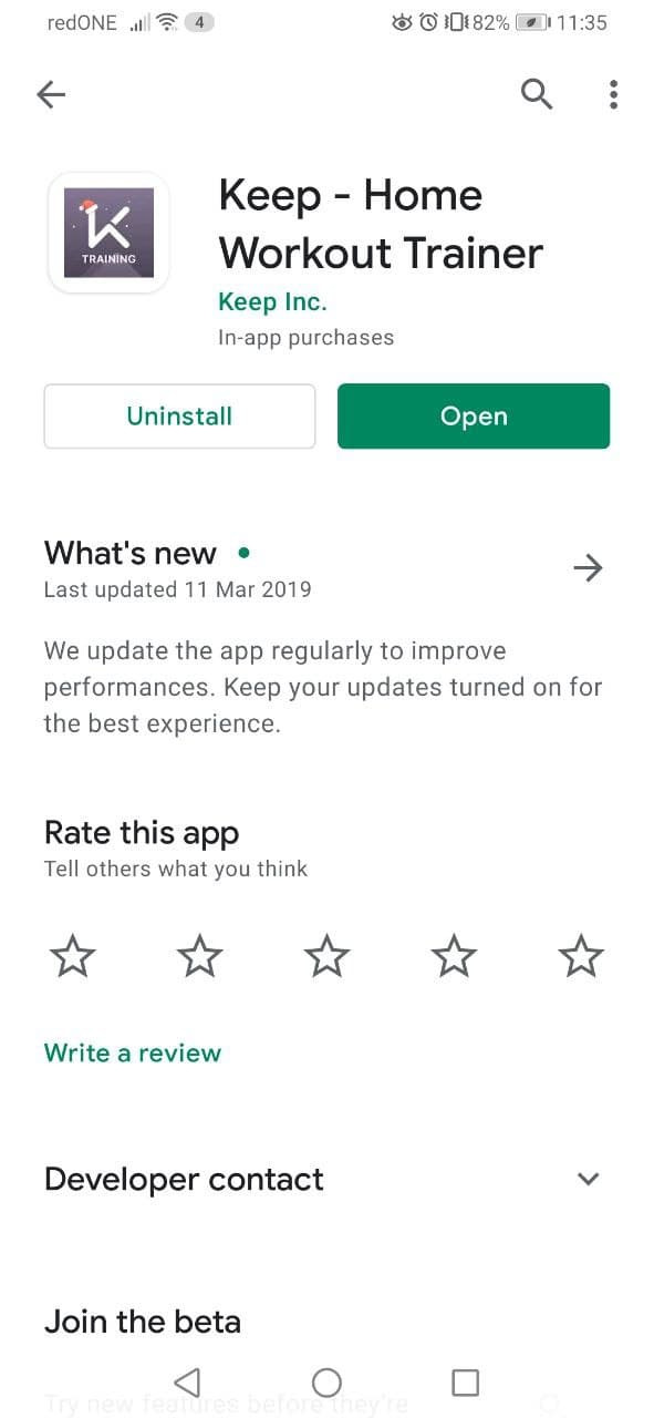 Keep -Home Workout Trainer provides higher intensity workout plans. Playstore Screenshot. 