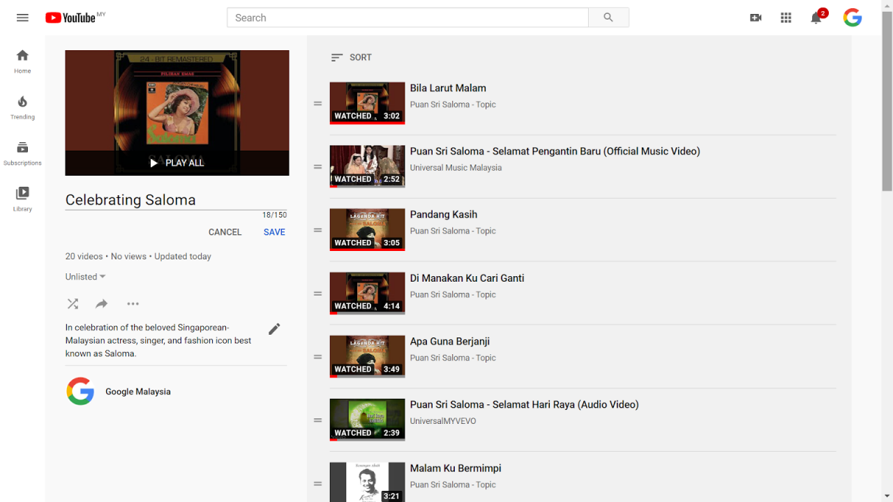 Google's curated Saloma playlist. – YouTube pic