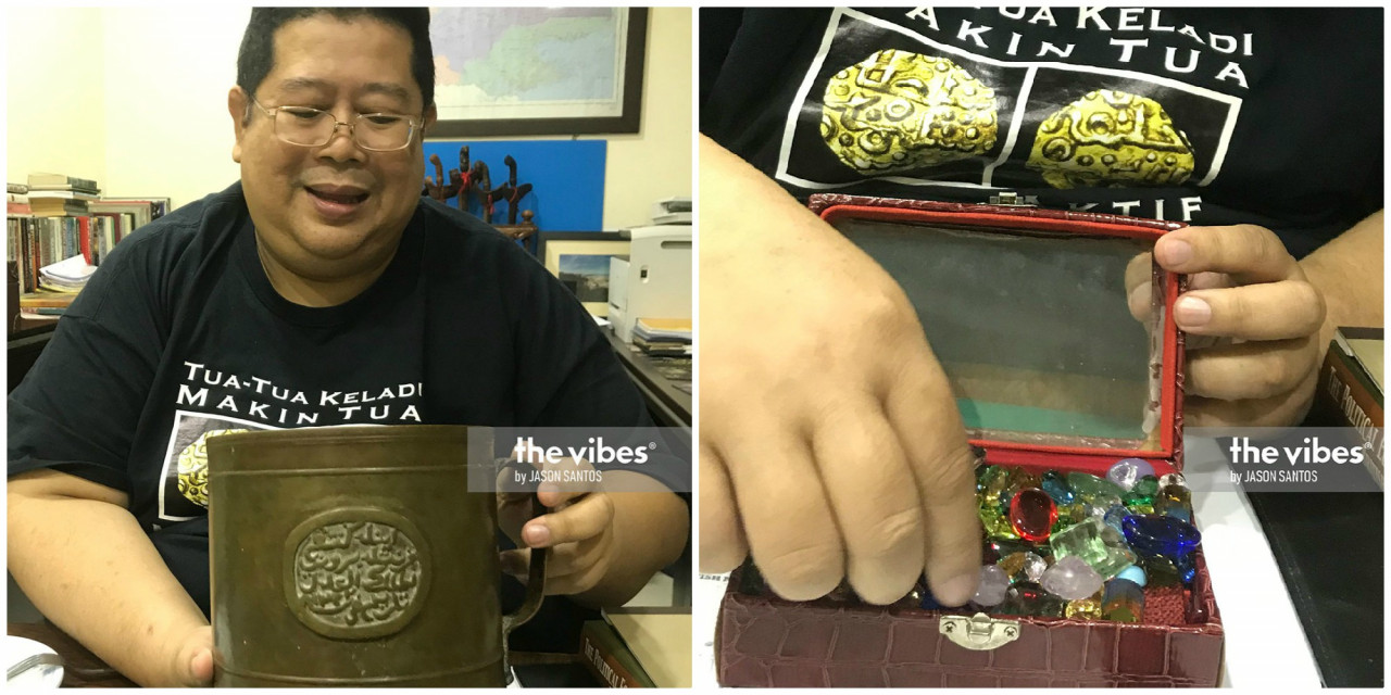 (Left) The Cupak, a device used to collect taxes by Brunei noblemen, the Pengiran Tulins, who ruled over the river mouth in Sabah. A full cup is called satu gantang. (Right) Family heirlooms comprise jewels that were used as a mode of payment during the olden days. – JASON SANTOS/The Vibes, December 5, 2020
