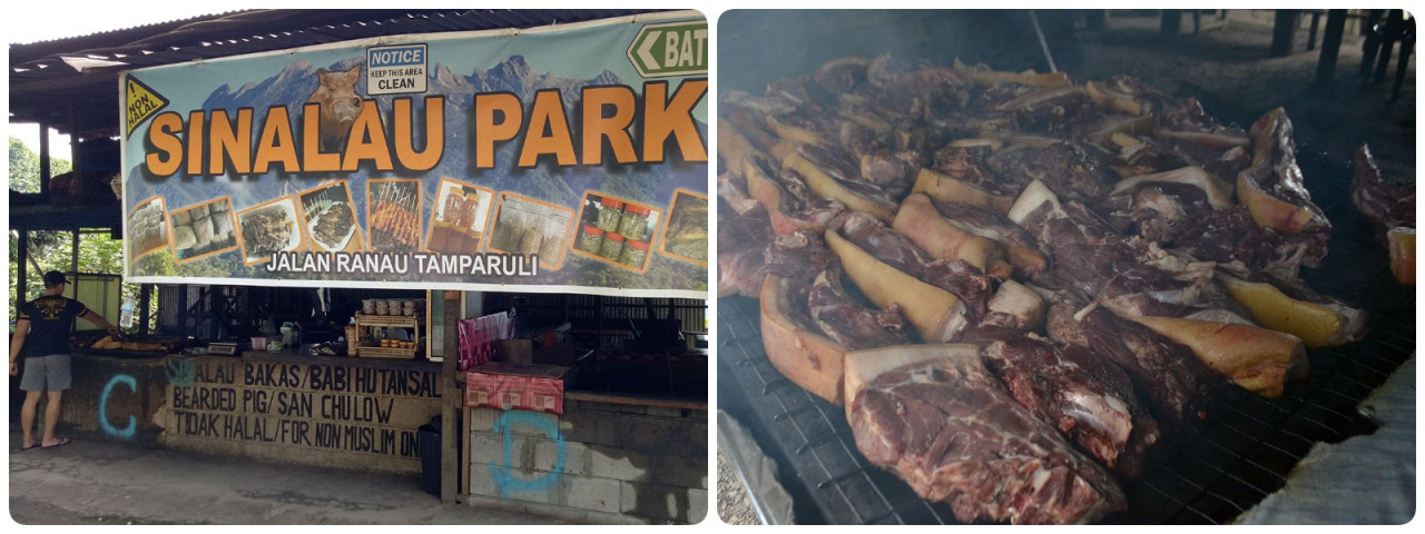 Sinalau bakas stall in Tamparuli [left pic] and wildboar meat being smoked. – Pic courtesy of kotakinabalu.info