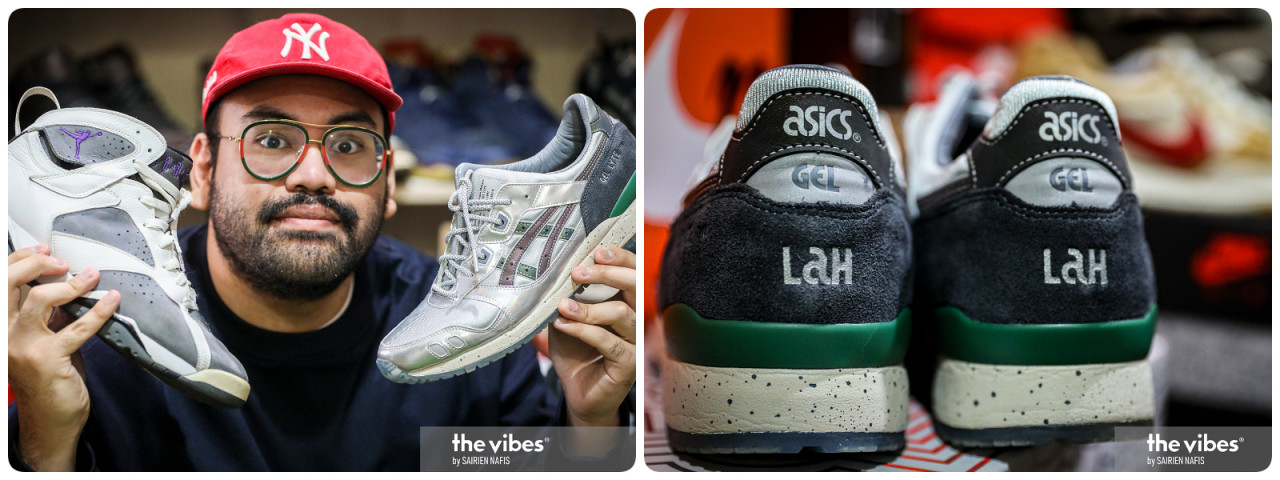 (L) Hans holding the Air Jordan 7 Flints and the SneakerLAH x Hundred% x ASICS Petronas Towers-inspired GEL-Lyte 3. (R) A rear view of the Asics Petronas Towers-inspired GEL-Lyte 3, the sneaker was released globally last December. – The Vibes pic