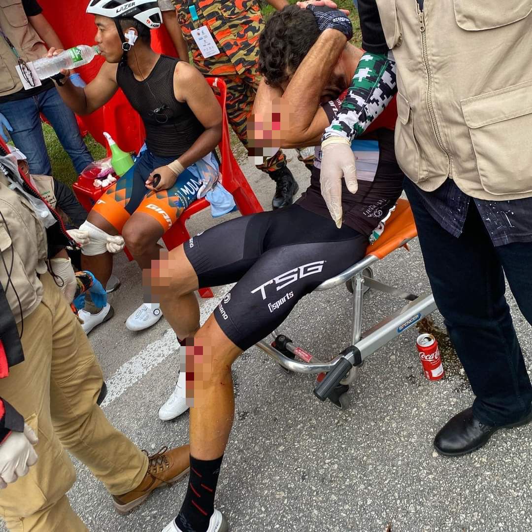 Sporting director Danny Feng says the accident caused a deep wound on Youcef Reguigui’s (centre) left knee and damaged his tendon. – LTdL pic, October 15, 2022