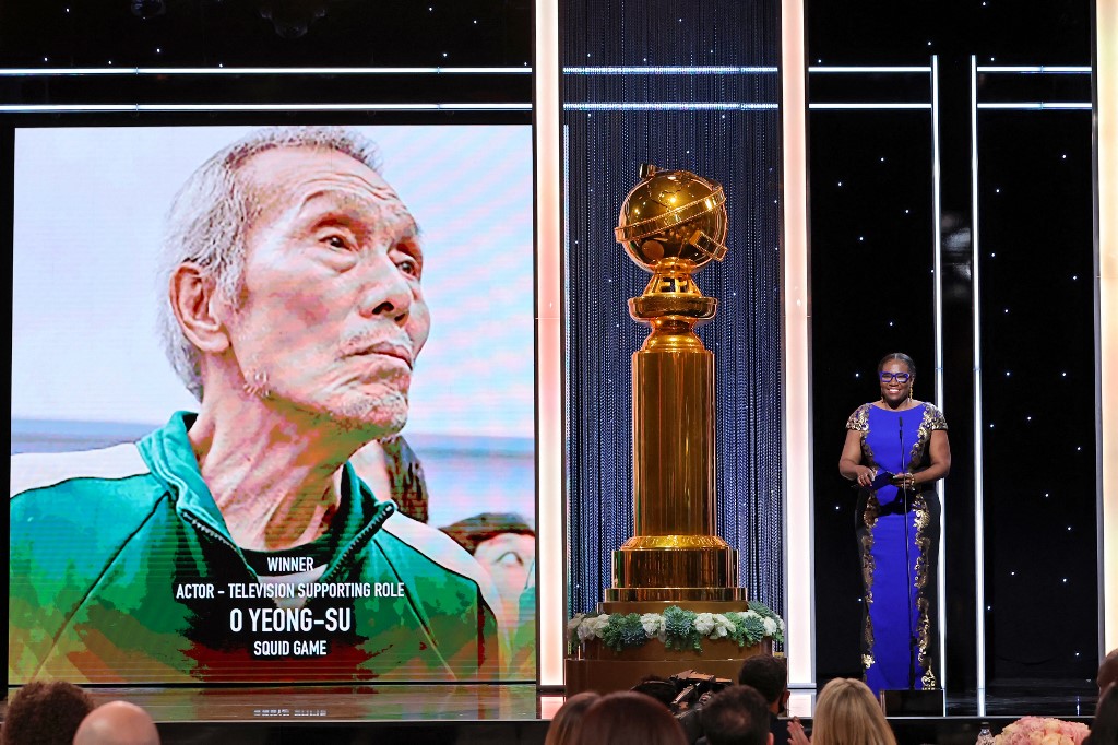 HFPA Grantee and Founder and Executive Director of Kids in the Spotlight Tige Charity presenting the Best Performance by a Supporting Actor in a Series, Limited Series, or Television Movie Award onstage during the 79th Annual Golden Globe Awards. – AFP pic