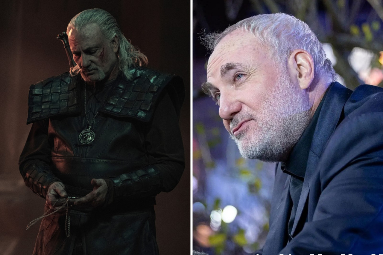 Kim Bodnia as Vesemir in The Witcher (left) and at the London premiere of The Witcher S2. – Pic courtesy of Netflix