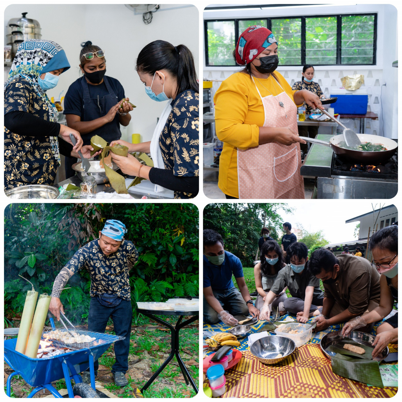 Some of the preparation and cooking that goes behind making Orang Asli food. In the bottom right, guests try their hands at making a type of kuih lopis. – Pics courtesy of Native Discovery