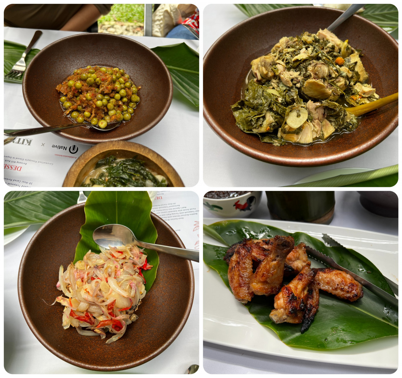 (Clockwise from above left) Sambal tempoyak with terung pipit and fried anchovies, bamboo braised chicken with pucuk ubi and cekur, barbequed tempoyak chicken wings, and 30-hour cured perkasam talapia. – Haikal Fernandez pic