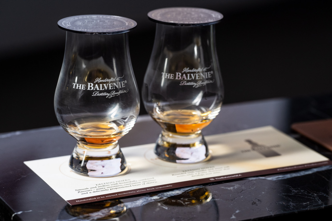 Two drams of whiskey, namely (left) The Balvenie 12-Year-Old DoubleWood and (right) The Balvenie 14-Year-Old Caribbean Cask, that guests can sample as part of the experience. – Pic courtesy of The Balvenie