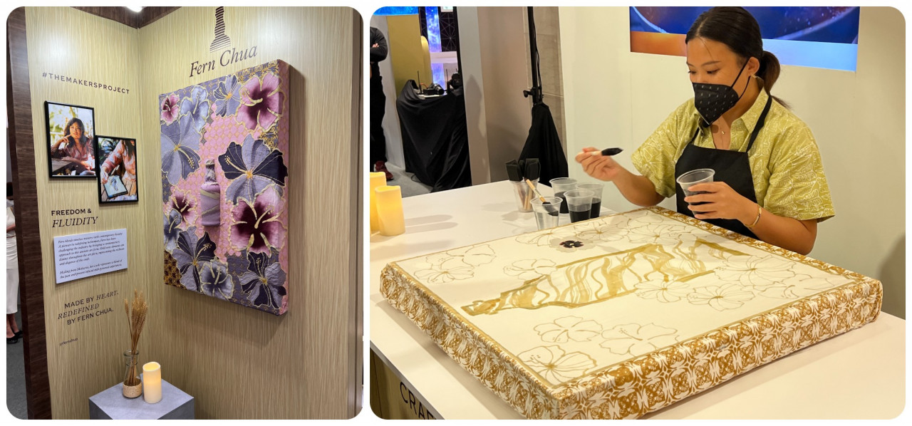 (Left) A finished example of one of Fern Chua’s works. (Right ) Fern providing a demonstration to guests at The Makers Project. – Haikal Fernandez pic