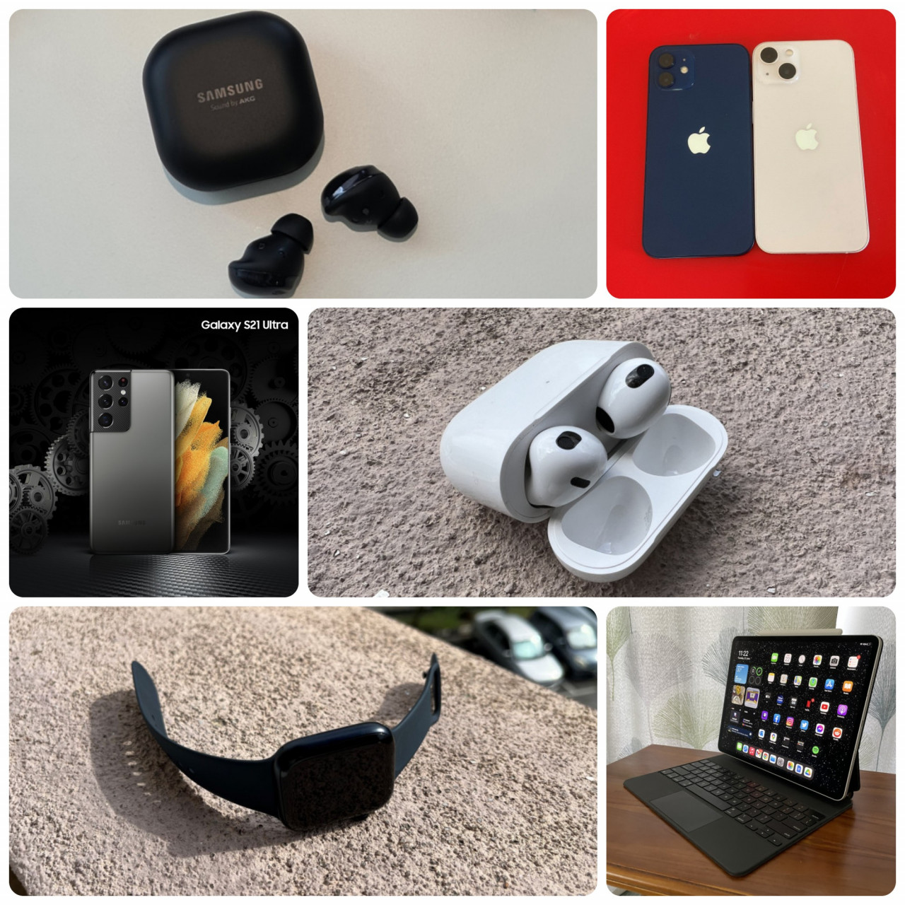 (From left) Samsung Galaxy Buds Pro, the iPhone 12 and iPhone 13, Samsung Galaxy S21 Ultra, Apple AirPods, Apple Watch Series 7, the iPad Pro. – Vibes file pics