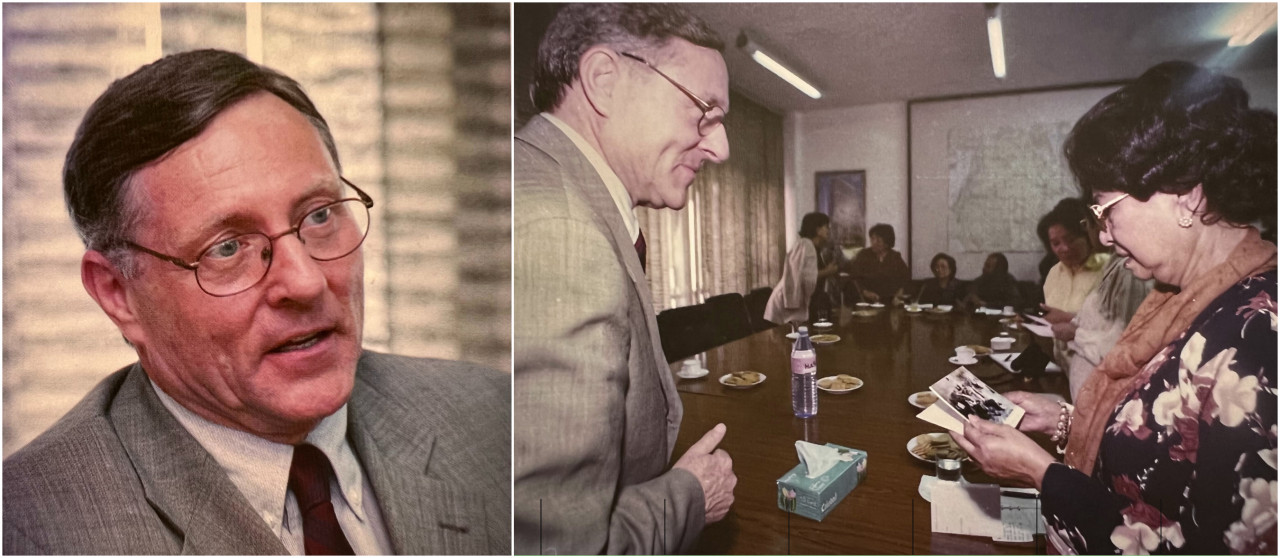 Dr Siti Hasmah pictured with Former UN assistant secretary-general and UN humanitarian coordinator Hans von Sponeck. He is seen highlighting to her the harsh realities of the sanctions. – Pic courtesy of Ham Abu Bakar/'Speaking of Mass Destruction...'