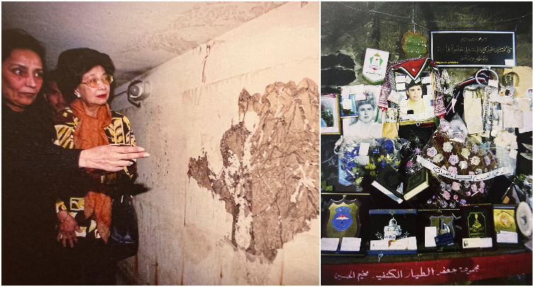 (Left) Dr Siti Hasmah visiting Al Amiriyah Bomb Shelter. (Right) Wreaths and photographs of children who died in the bombing are ever present on the walls of Al Amiriyah. – Pic courtesy of Ham Abu Bakar/'Speaking of Mass Destruction...'