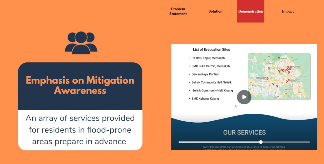 'SwiftBeacon', an interactive website prototype, serving as a one-stop software platform that bridged the gap between flood mitigation awareness and swift mitigation procedures. – APU pic