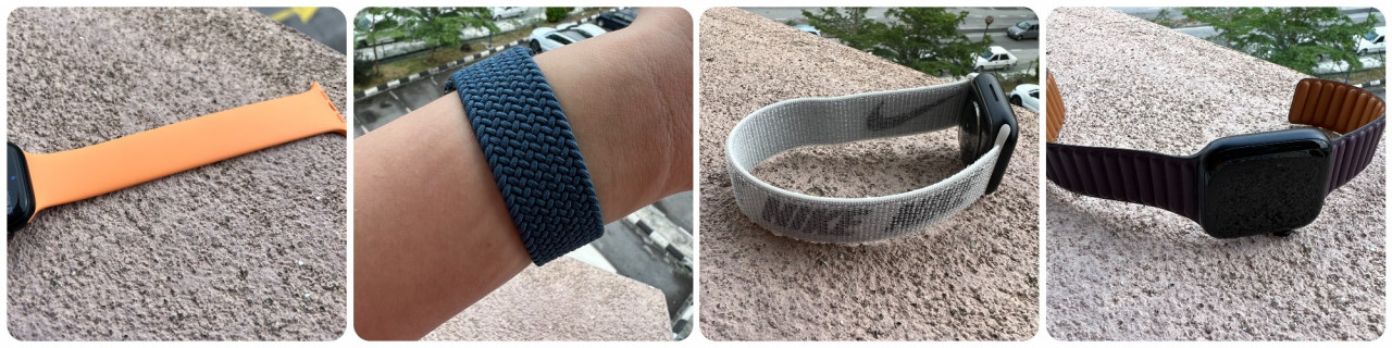  The straps for the Apple Watch Series 7 come in several colours and styles. (From left) Marigold solo loop, abyss blue braided solo loop, summit white Nike sport loop and dark cherry leather link. – Haikal Fernandez pic