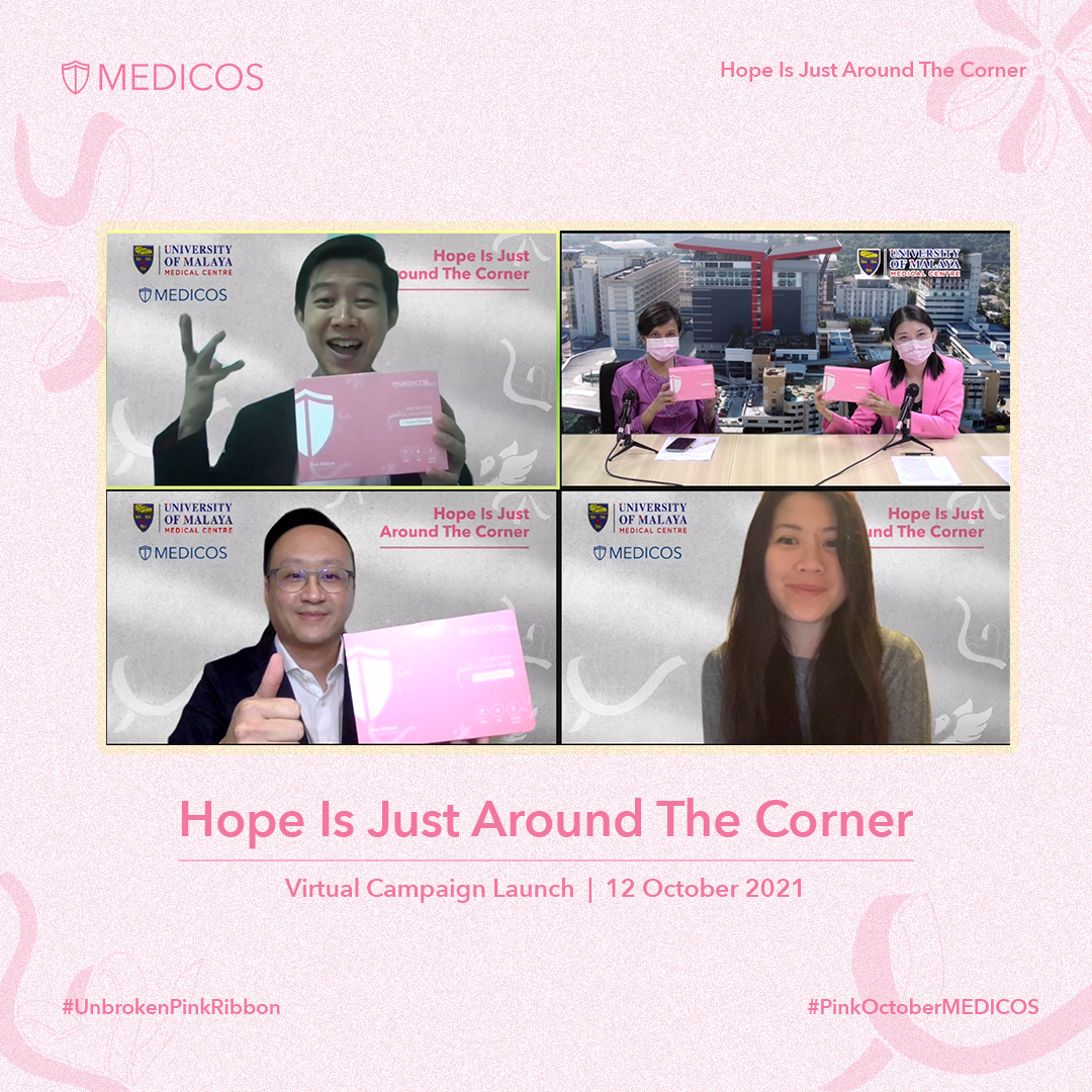 (Clockwise from left) Justin Ooi of Zeno Group, University Malaya Medical Centre director Prof Dr Nazirah Hasnan, UMMC Breast Surgery Unit head Assoc Prof Dr See Mee-Hoong, artist Caryn Koh, and Medicos CEO William Wong during the launch. – Screen grab