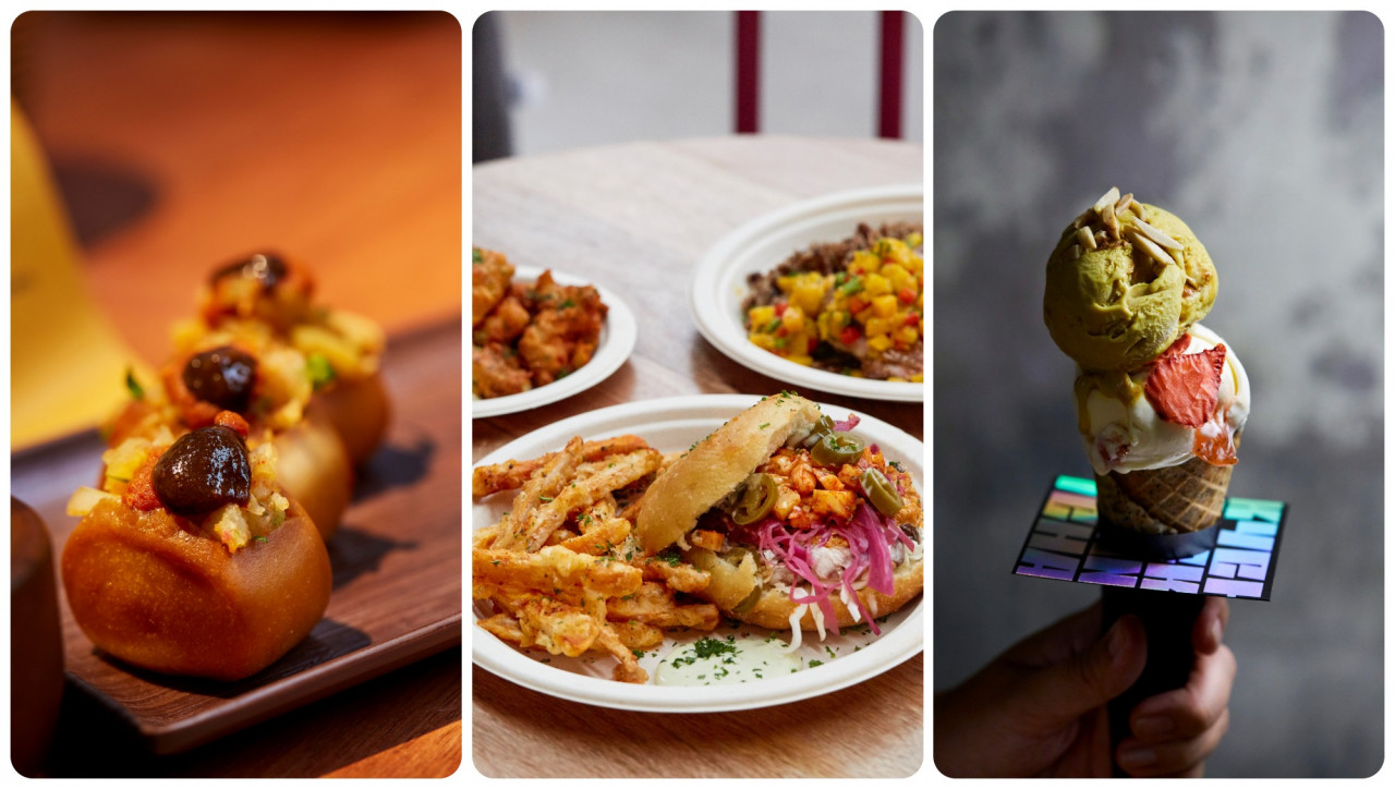 (From left) Bao buns from The Bao Guys, a selection of Caribbean delicacies from Jojo’s by Joloko, and Cone-tails alcoholic ice cream from Licky Chan. – Pics courtesy of Tiffin