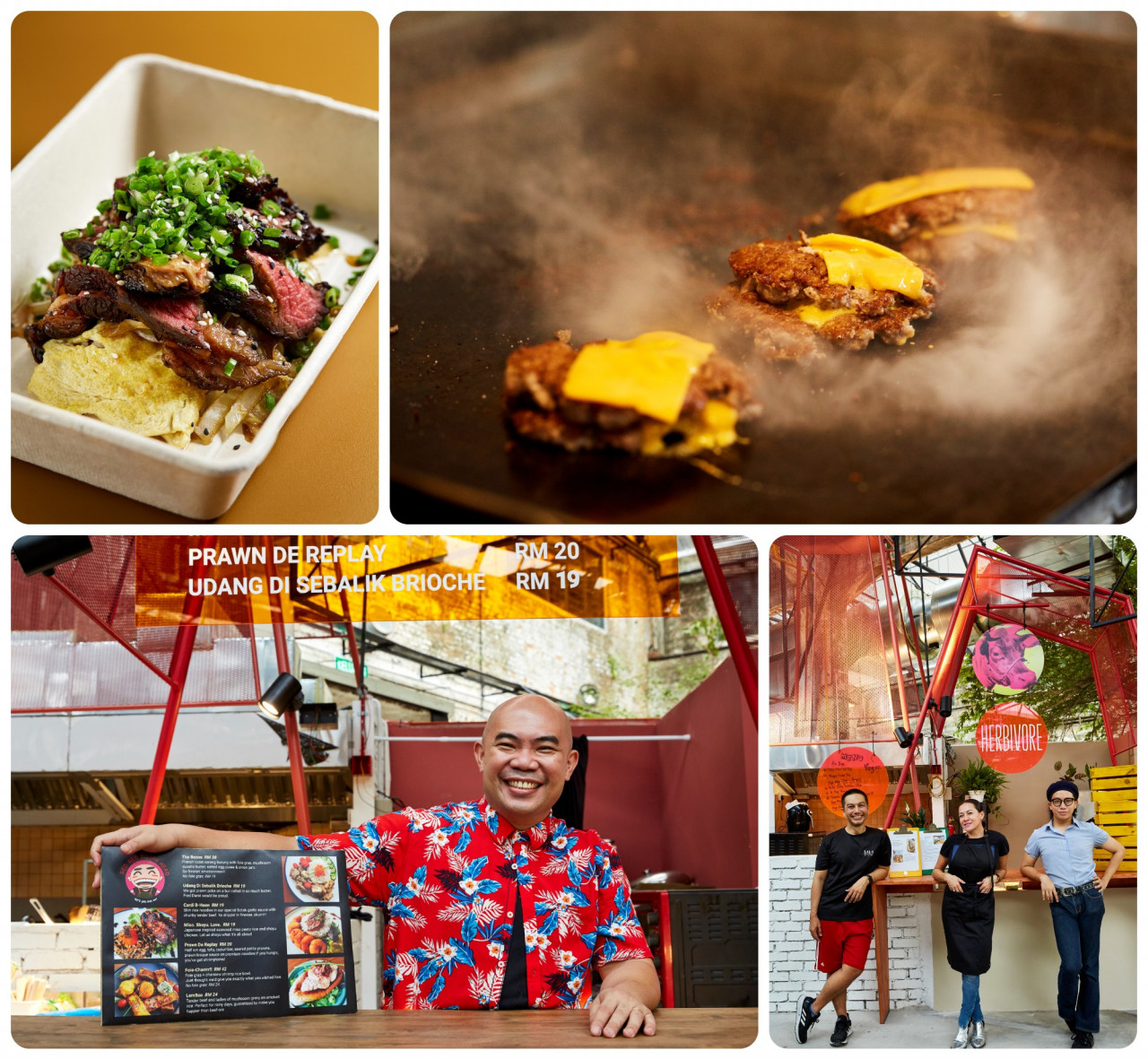 (Clockwise from left) Beef jianbiang from Small Shifting Space, burgers on the griddle at Alta Burger, all-new plant-based concept called Herbivore, and Malaysian classics with a twist from Red Red Botak Head. – Pics courtesy of Tiffin