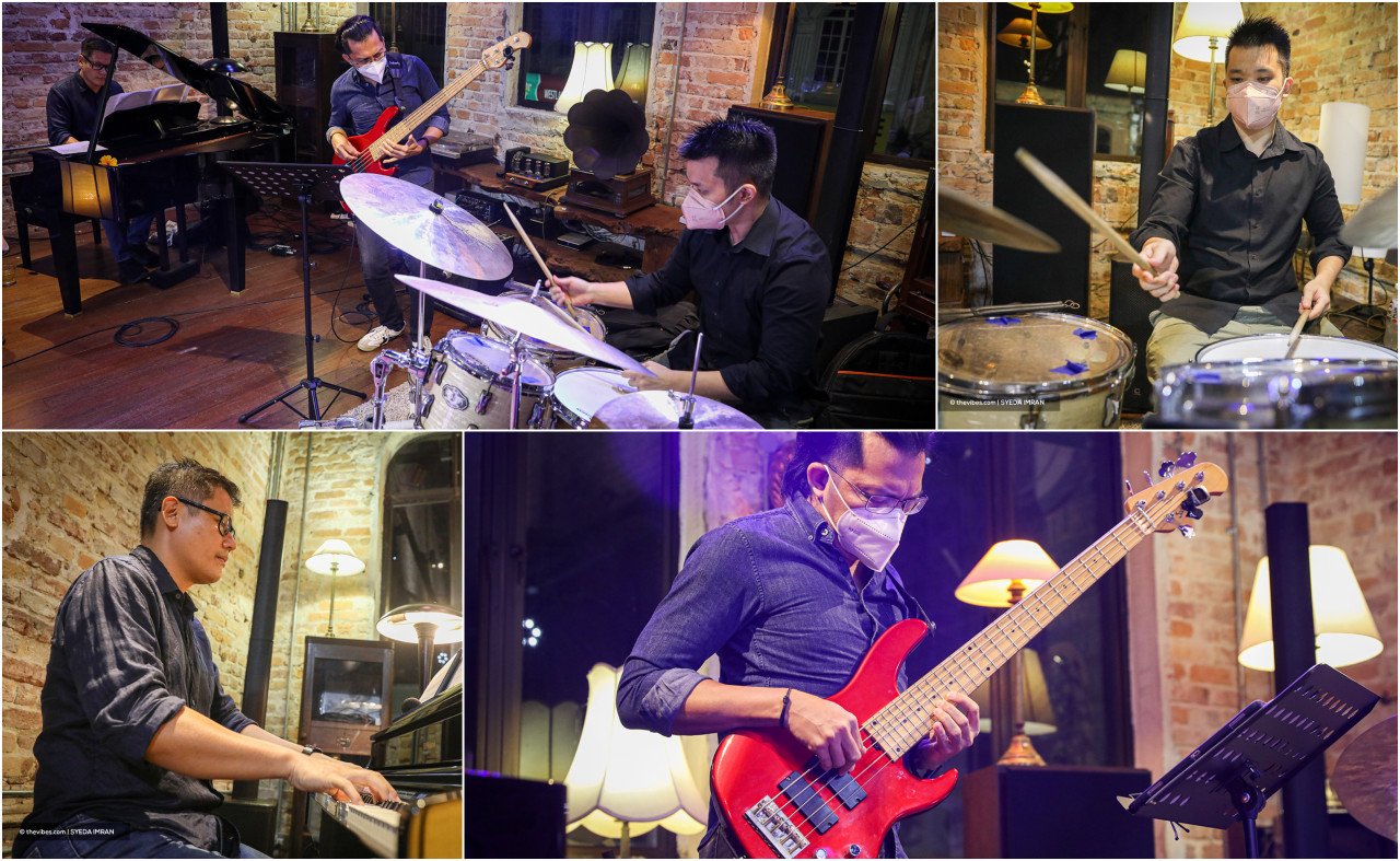 (Clockwise) WVC Jazz Ensemble, Adriel Wong (drums), AJ Popshuvit (bass), and Tay Cher Siang (piano). – SYEDA IMRAN/The Vibes pic