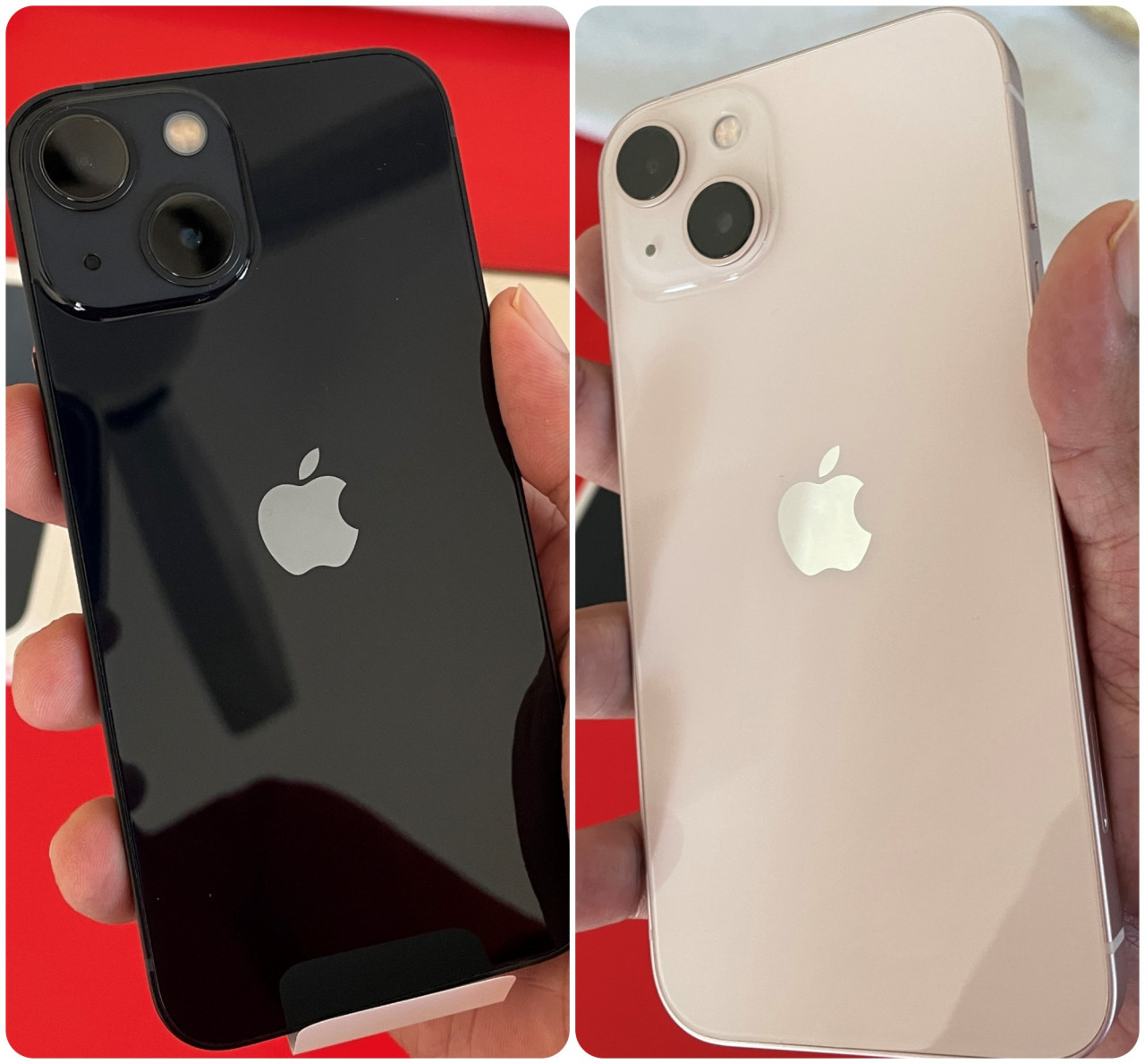 The iPhone 13 mini (left) and the iPhone 13 base model. The pink of the base model is quite dull and only appears in certain lighting conditions. – Haikal Fernandez pic