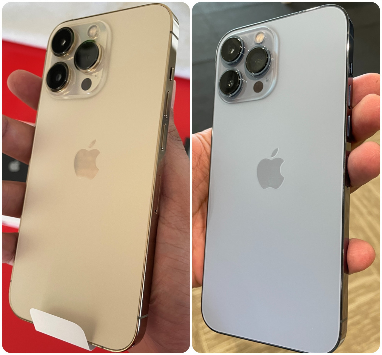 The iPhone 13 Pro (left) and the iPhone 13 Pro Max. The back of the phones has a different backing surface. However, the metal surfaces on the sides are fingerprint magnets. – Haikal Fernandez pic