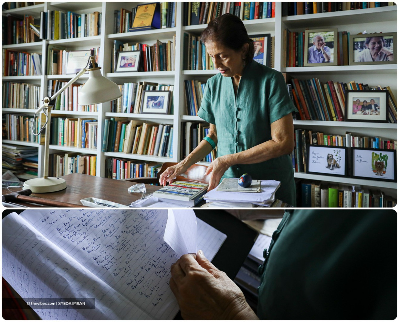 Khoo in her husband’s study, Tan Sri Khoo Kay Kim. She had taken a break to care for the late historian when he fell ill. They both shared a passion for learning and education (above). Here she is seen showing Tan Sri’s signatures, an exercise he did to jog his motor memory. – SYEDA IMRAN/The Vibes pix