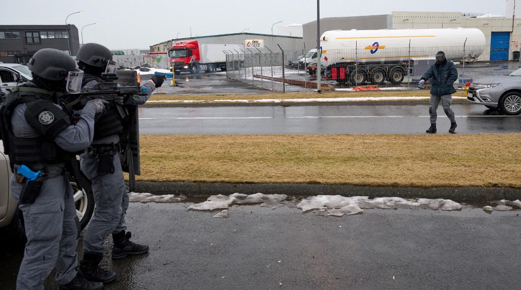 Police officers simulating a police operation at a training site in Reykjavik, Iceland on March 22, 2022. – AFP pic
