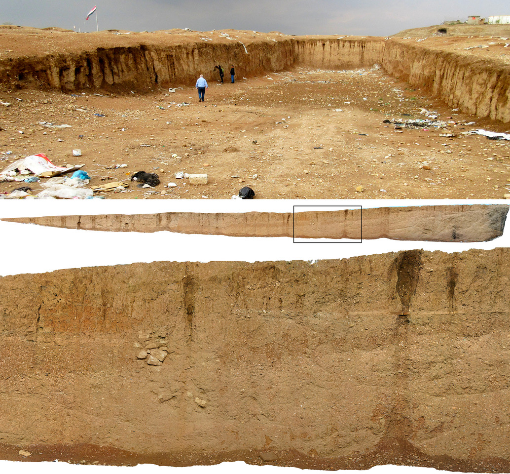 Figure 4: Nineveh, November 2018. (Above) A view, looking west, of Trench B, one of the ‘underground silos’ excavated by ISIS. Note the accumulation of various types of rubbish. (Centre and below) Orthophoto mosaic of the western section, the detail clearly demonstrating the complexity of the archaeological stratigraphy removed by the excavation of the granaries. – Creative Commons CC NC ND 4.0 pic