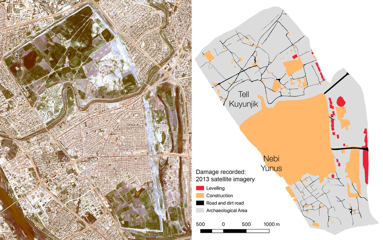Figure 1: Satellite image of Nineveh (left) and analysis of pre-ISIS damage and destruction detectable on WorldView-2 imagery of 15 November 2013. – Creative Commons CC NC ND 4.0 pic