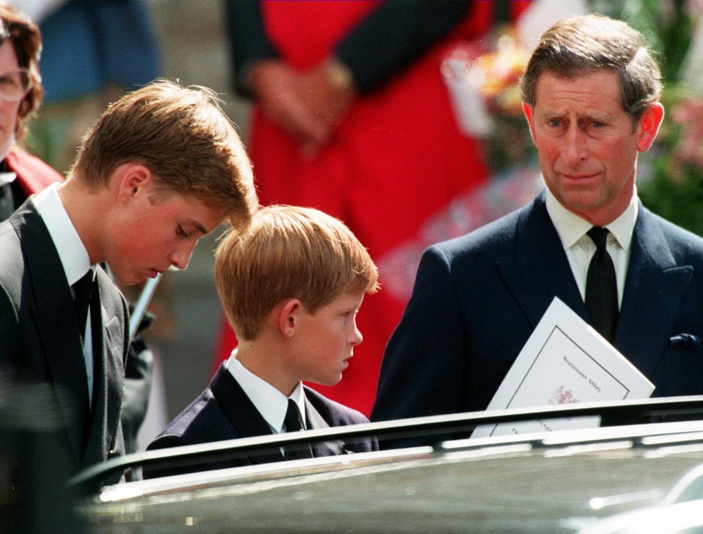 Former husband of Diana, Prince Charles (right) and their two sons Harry (centre) and William waiting in front of the Westminster Abbey in London after the funeral ceremony of Princess of Wales on September 6, 1997. – AFP file pic