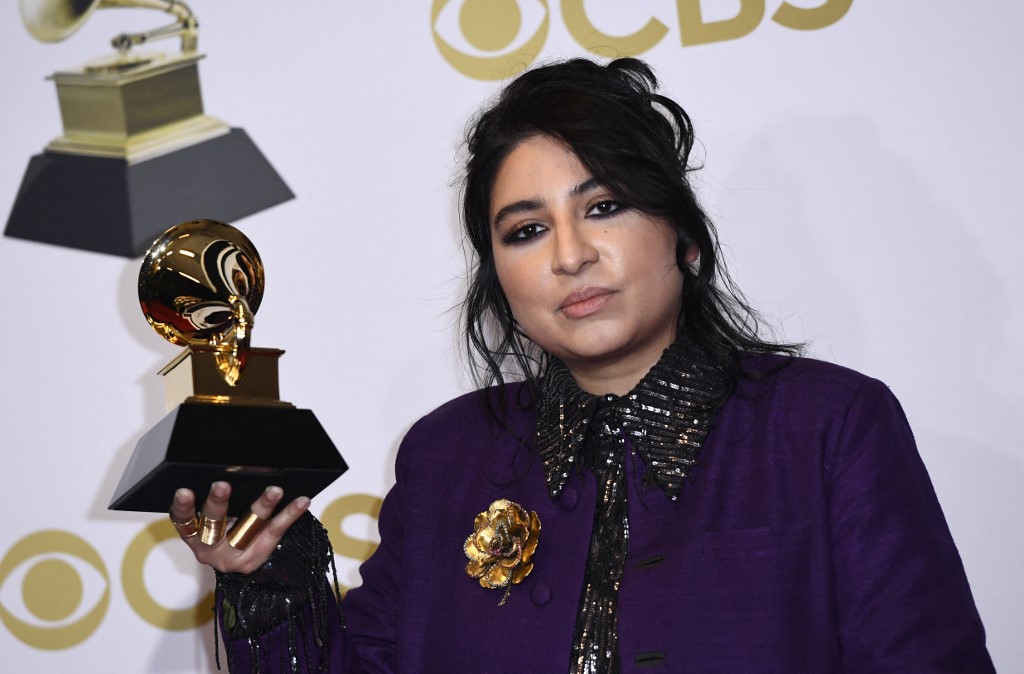 Pakistani vocalist Arooj Aftab poses with the Best Global Music Performance in the press room. – AFP pic