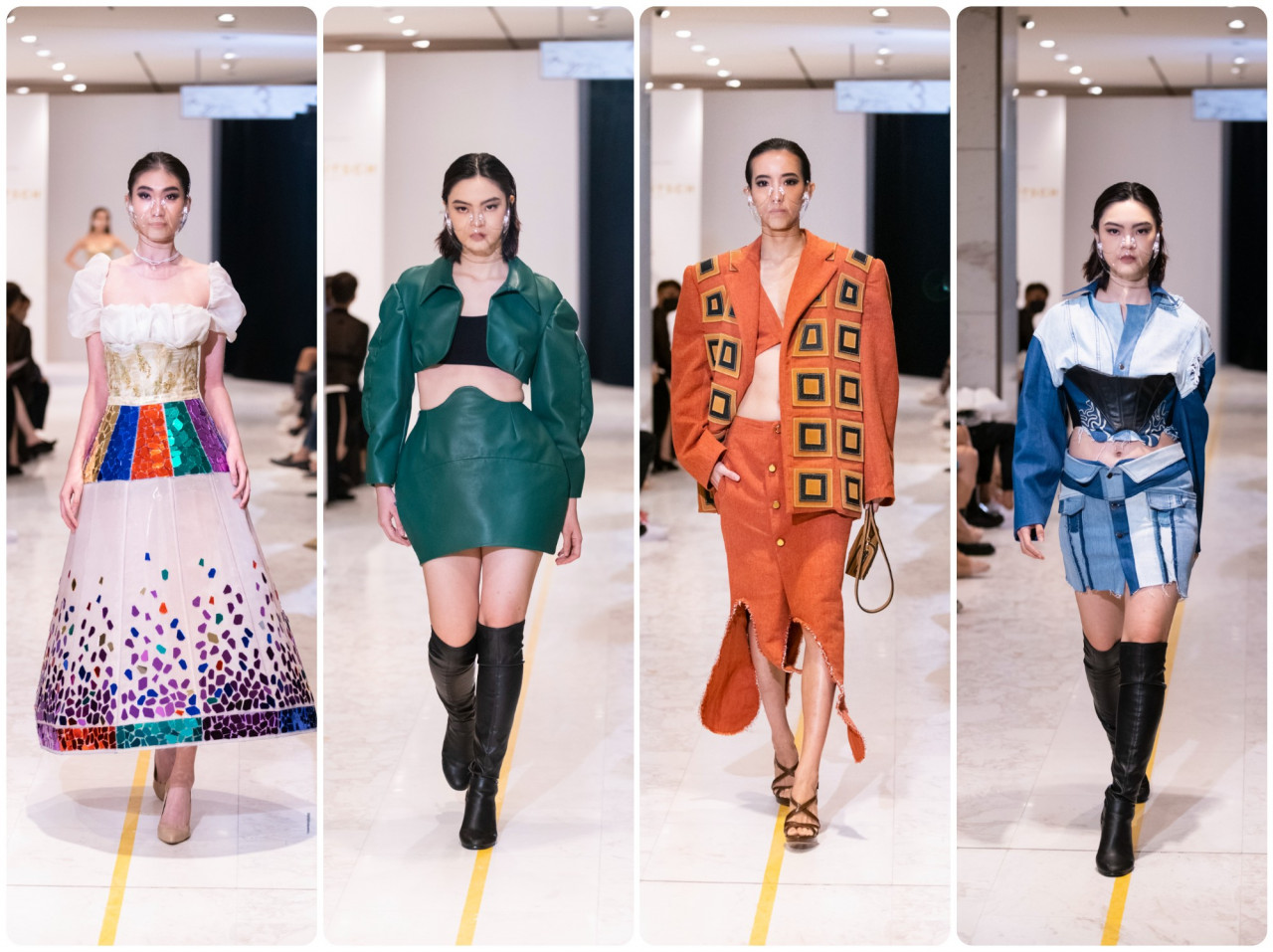 (From left) ‘Testimony of the Ancient’ by Eunice Ong Xiao Qing; ‘Women Are More Than That’ by Wong Nee Co; ‘An Antonian Affair’ by Ryan Lee Chi Yeng; and ‘The Shape of Imagination’ by Toh Pei Ling. – Esmod KL pics