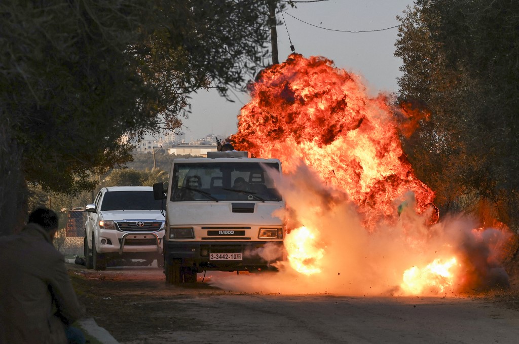 An explosion being set off during the shooting of a scene in Gaza city on December 29, 2021. – AFP pic