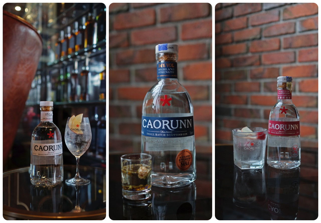 (From left) Caorunn G&T Signature Serve with a bottle of Caorunn Small Batch Gin, Tea infused with gin and a bottle of Caorunn Gin Highland Strength, and Caorunn Raspberry & Sonic with a bottle of Caorunn Raspberry Gin. – Pic courtesy of Caorunn Gin