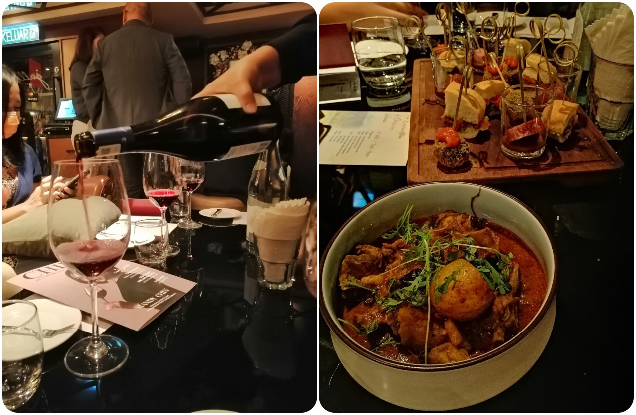 Wine pouring (left) and lamb curry in front, roast beef sliders with creamy guac. Squid in risotto and roast duck. – Pic courtesy of Lynette Yuen