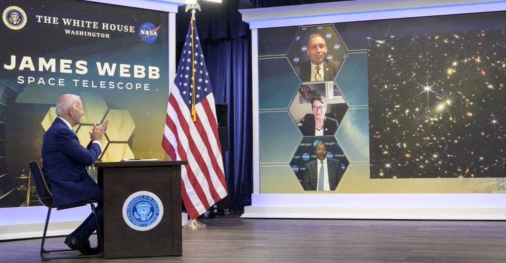 US President Joe Biden previewing the first full-colour image from Nasa’s James Webb Space Telescope, the highest-resolution image of the infrared universe in history, on July 11, 2022, in the South Court Auditorium in the Eisenhower Executive Office Building on the White House complex in Washington. – Nasa/AFP pic