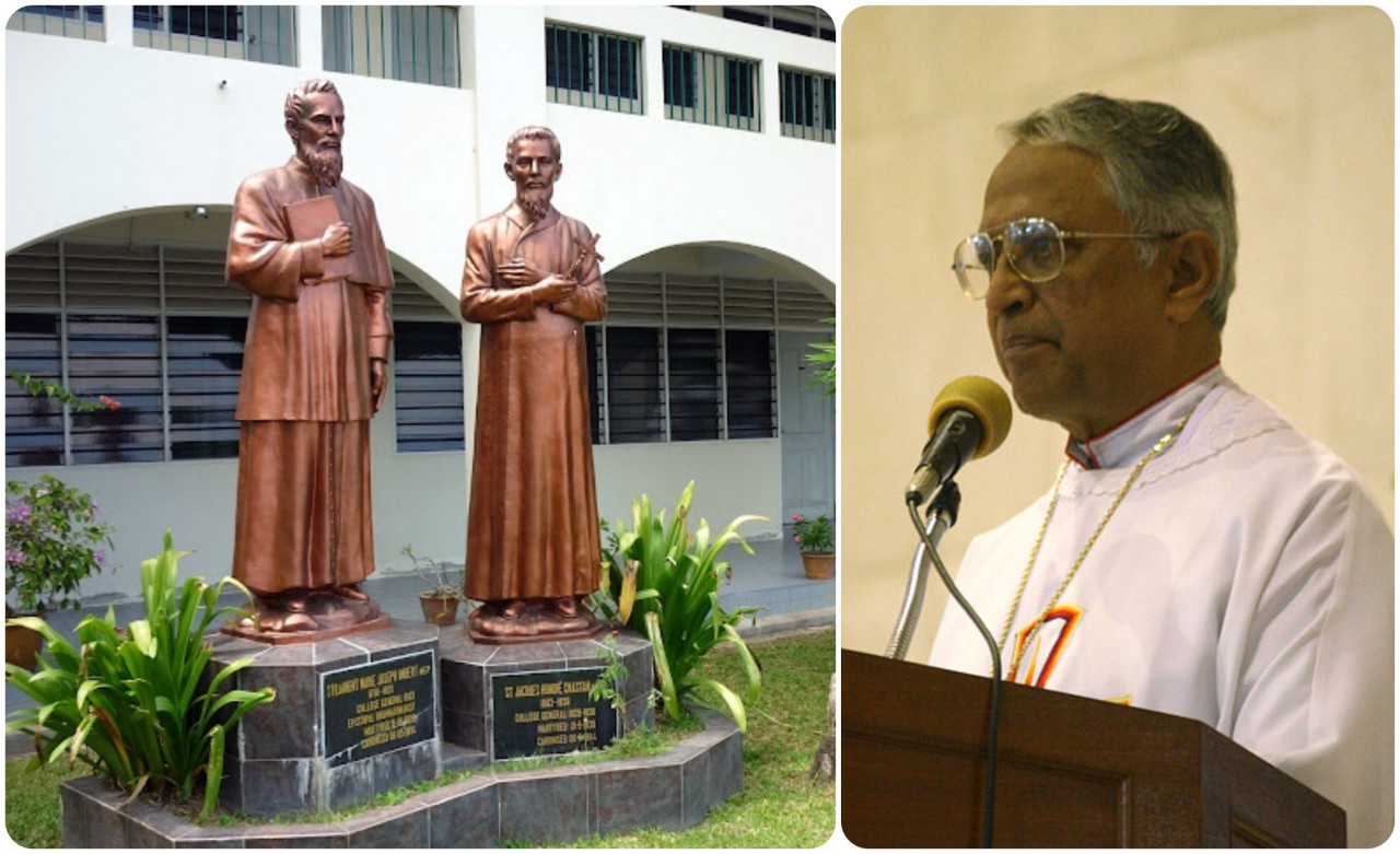 Monument in memory of priest-professors St Laurent Imbert and St Jacques-Honore Chastan who taught at College General located at the Church of Sts Laurent Imbert and St Jacques-Honore Chastan in Penang (left). Rt Rev Datuk Murphy Pakiam Archbishop Emeritus of Kuala Lumpur was instrumental in establishing the Church of Sts Laurent Imbert and St Jacques-Honore Chastan. – Pics courtesy of College General
