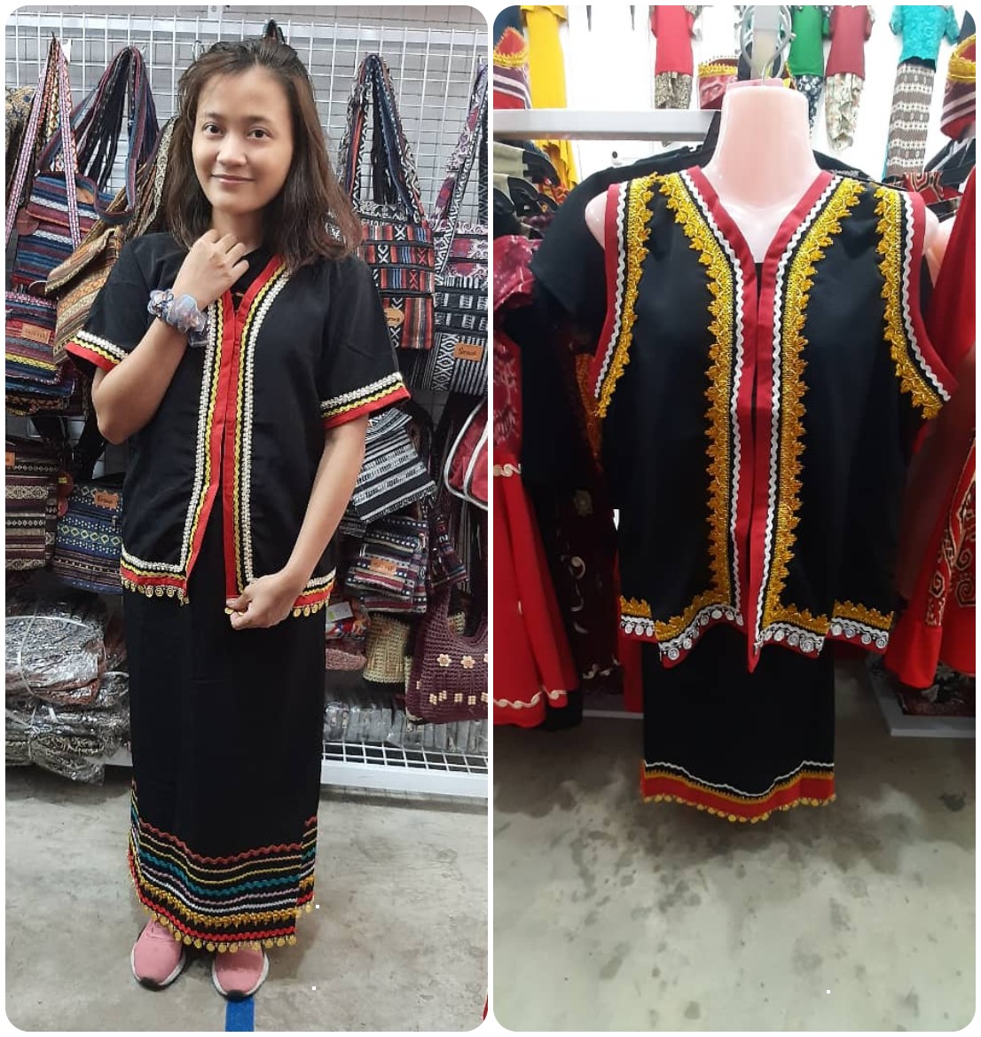 Early childhood educator Carolyn anak Kaloni (left) trying out a Bidayuh traditional costume for size. (Right) A traditional Bidayuh top in display. The outlet located in Serian has sold out most of its Bidayuh costumes as Serian is largely populated by the Bidayuh clan. – Pics by Joseph Masilamany