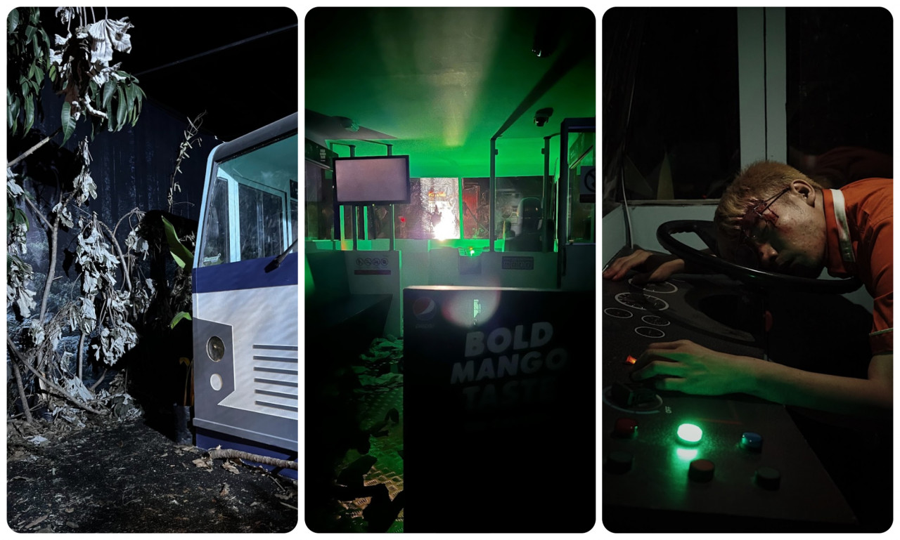 A bit of the ol’ mise en scene. (From left) The real-looking vegetation outside the bus, the dark and gloomy interior, and the passed out and bleeding driver help set the stage. – Pics courtesy of Hauntu