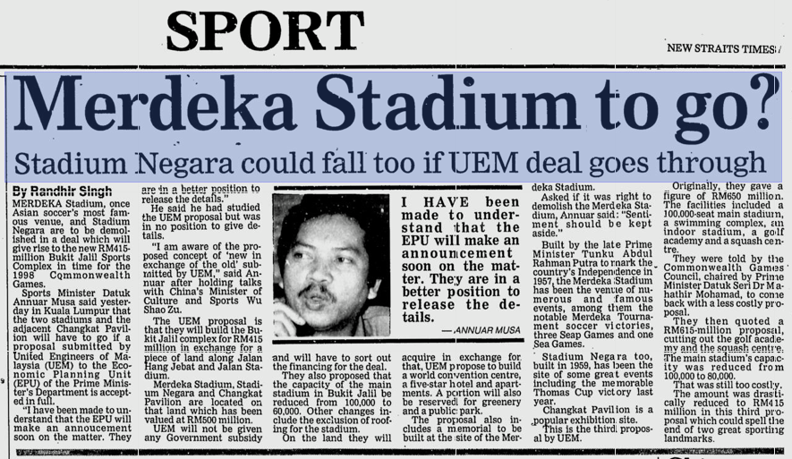 News clipping about the ‘new in exchange of the old’ matter surrounding Stadium Merdeka. – Facebook/Merdeka Park KL pic