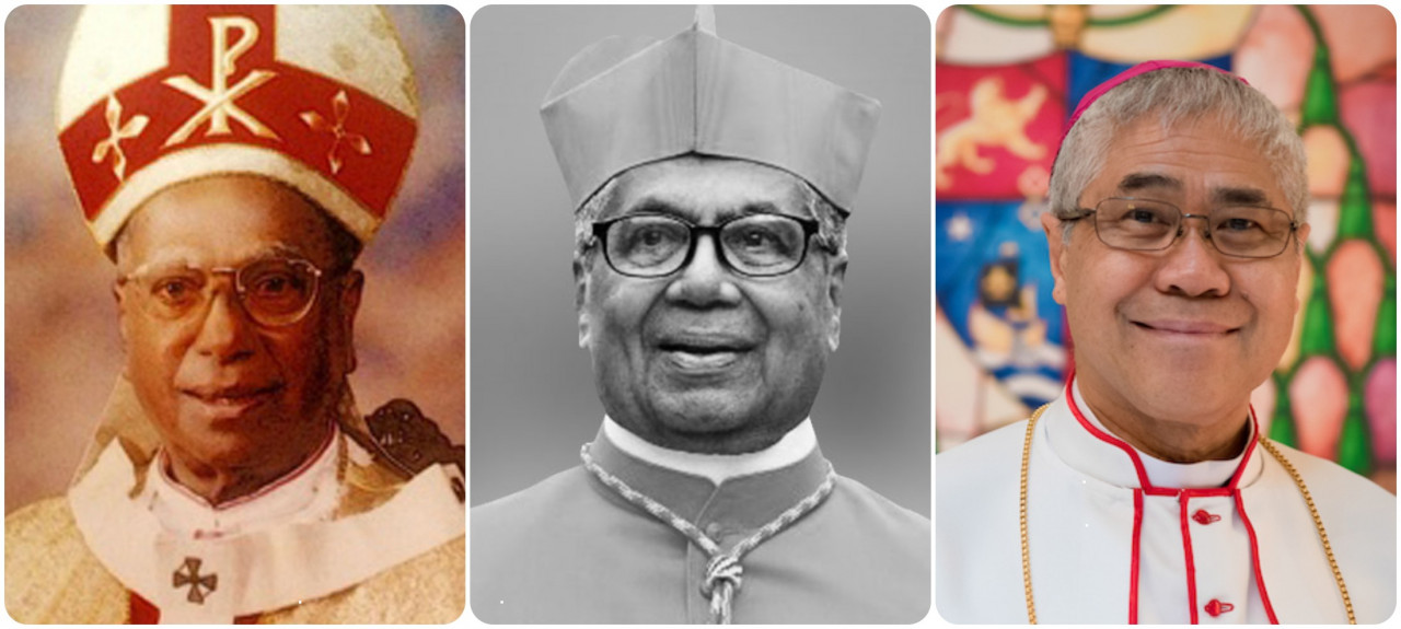 (From left) College General luminaries... The late Most Reverend Tan Sri Dominic Aloysius Vendargon (1909-2005), the first Asian bishop of Kuala Lumpur and later Archbishop of the Kuala Lumpur Archdiocese; Malaysia’s first Cardinal, His Eminence Anthony Soter Fernandez (1932-2020), and Singapore’s newly minted Cardinal-Elect Archbishop William Goh. – Pics courtesy of Bishops Conference of Malaysia, Singapore, and Brunei